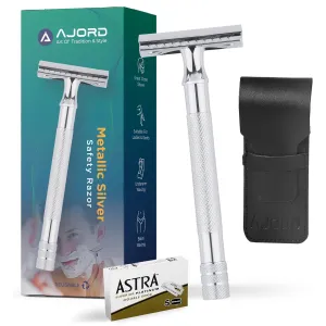 Double Edge Safety Razors for Men & Women - Reusable Men's Safety Shaving Razors with Long Handle – Chrome Finish De Saftey Razor - Womens Safty Razor with Astra Shaving Blades,6 Piece Set