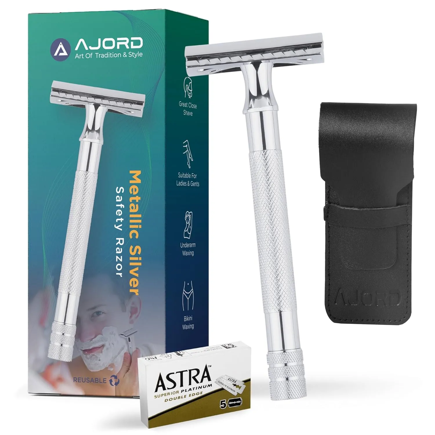 Double Edge Safety Razors for Men & Women - Reusable Men's Safety Shaving Razors with Long Handle – Chrome Finish De Saftey Razor - Womens Safty Razor with Astra Shaving Blades,6 Piece Set