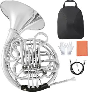 Double French Horn, Double-row French Horn F/Bb 4-key Nickel-Plated French Horn Suitable for Multi-Scene Performances, with Bag, Gloves, Cleaning Cloth (silver)