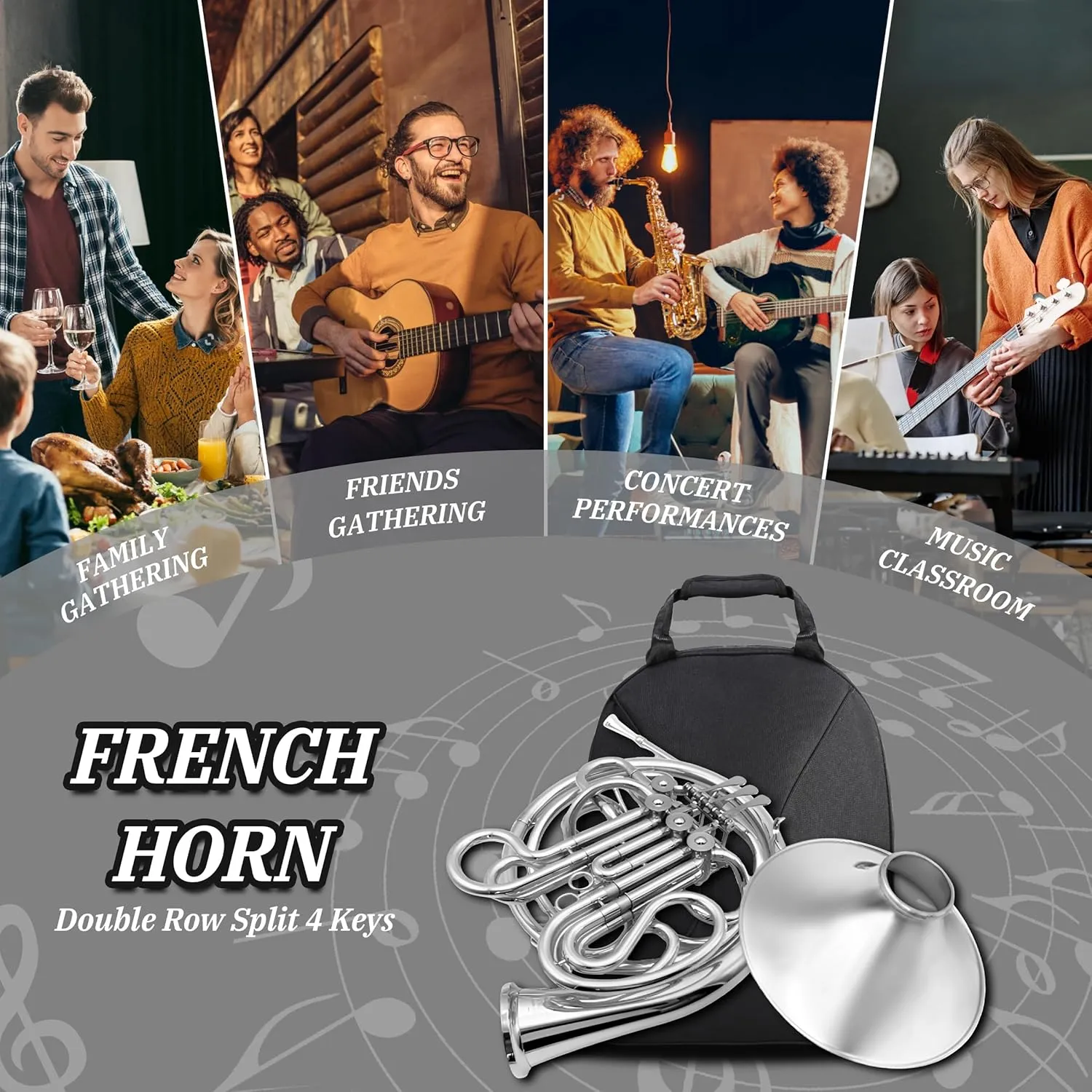Double French Horn, Double-row French Horn F/Bb 4-key Nickel-Plated French Horn Suitable for Multi-Scene Performances, with Bag, Gloves, Cleaning Cloth (silver)