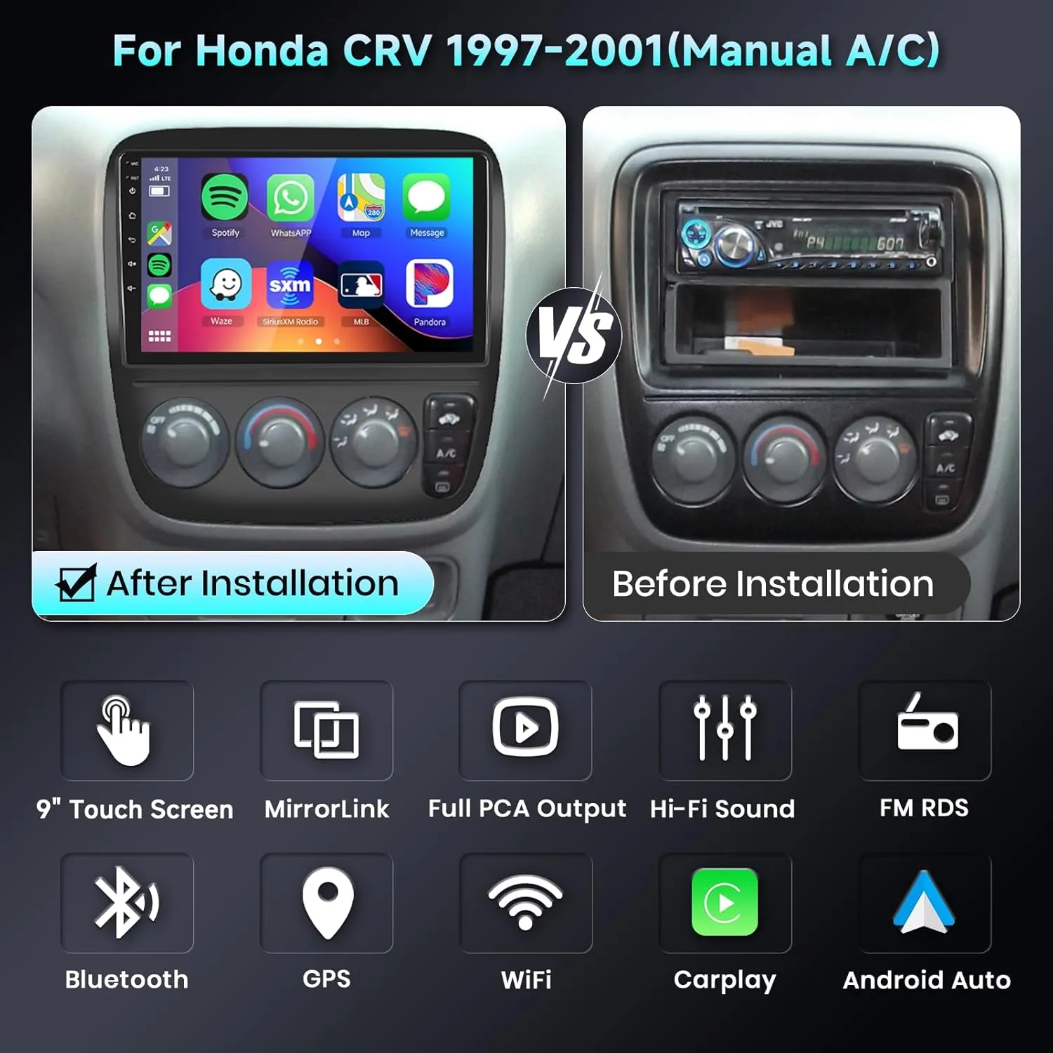 DSP Android Car Stereo for Honda CRV 1997 1998 1999 2000 2001 Manual A/C Radio with Wireless CarPlay Android Auto, 9inch Touchscreen 26UIs Bluetooth GPS Chip WiFi SWC USB AHD Backup Camera 2G 32G