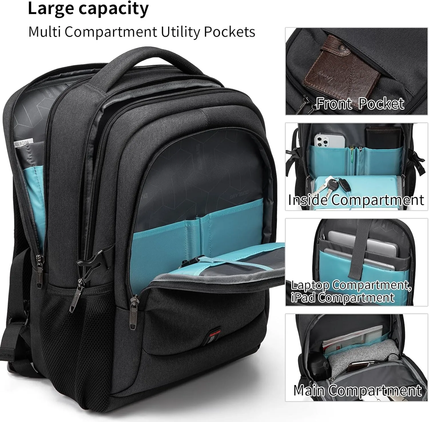 DUSLANG 17 Inch Laptop Backpack for Travel Water Resistant College Backpack for Men/Women Laptop Bag with USB Charging Port and Shoe Storage Bag, Black