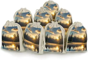 DWTJKMS Sunrise on The Lake Gift Pouches 8PCS Portable Small Drawstring Storage Bags Pouches Reusable Cotton Linen Bunches Pocket For Wedding, Travel, Office, Workout (Unisex)
