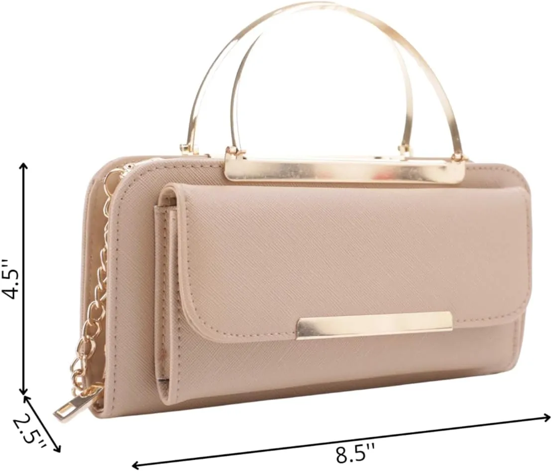 Elegant Crossbody Cell Phone Wallet on Chain Purse with Metal Bar and Top Handle Formal Evening Clutch