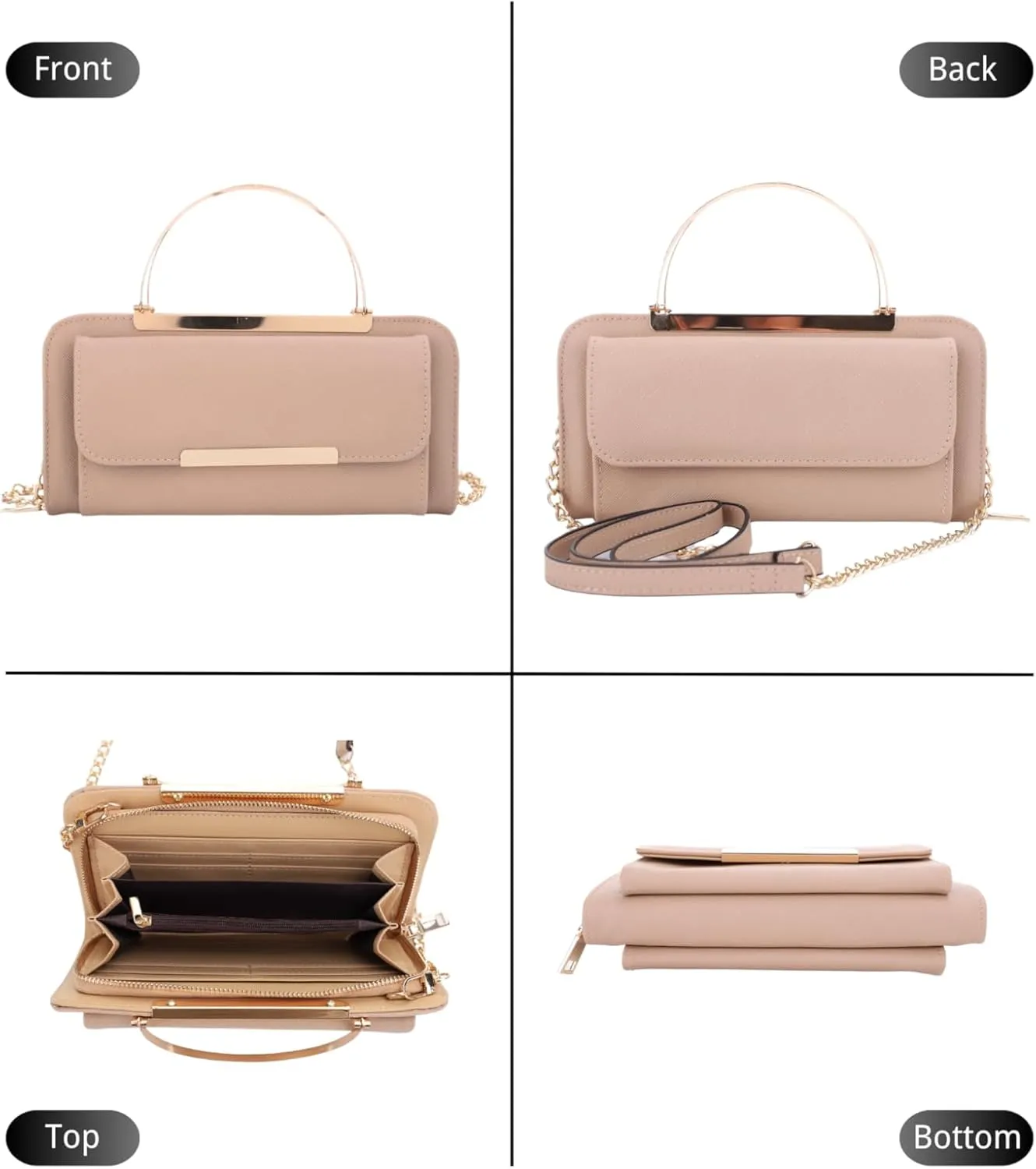 Elegant Crossbody Cell Phone Wallet on Chain Purse with Metal Bar and Top Handle Formal Evening Clutch