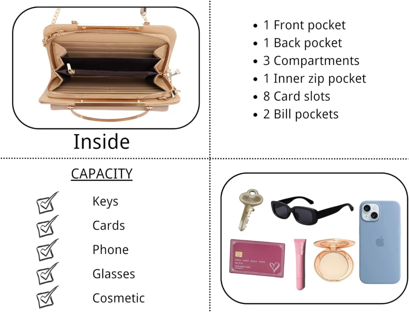 Elegant Crossbody Cell Phone Wallet on Chain Purse with Metal Bar and Top Handle Formal Evening Clutch