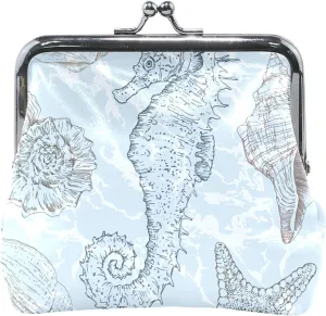 Elegant Seahorse Light Blue Personalized Leather Coin Purse Holder Women Buckle Kiss Lock Money Change Pouch Girls