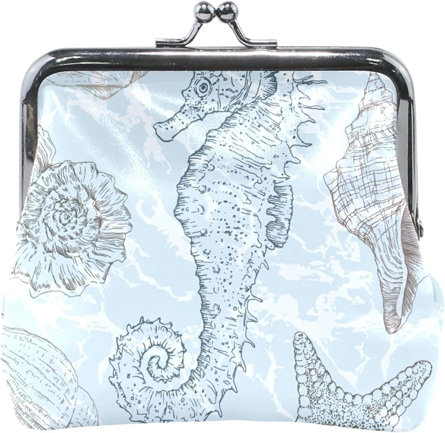 Elegant Seahorse Light Blue Personalized Leather Coin Purse Holder Women Buckle Kiss Lock Money Change Pouch Girls