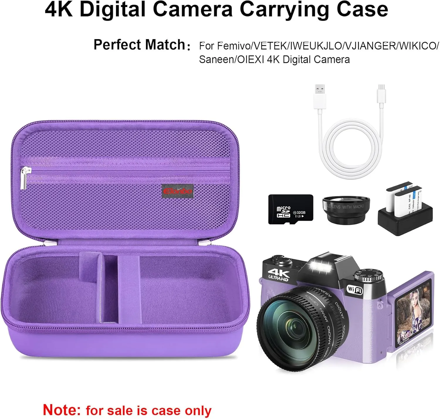 Elonbo 4K Digital Camera Carrying Case for Femivo/VETEK/IWEUKJLO/VJIANGER/WIKICO/Saneen/OIEXI 4K 48MP Vlogging Camera, Travel Compact Camera Storage Cover Bag Organizer Holder, Purple