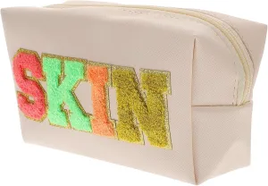 Embroidered Letter Bag Tote Bags Leather Travel Toiletry Bag Large Makeup Bag Patch Miss Jewelry, Beige, 18X11X7.5CM