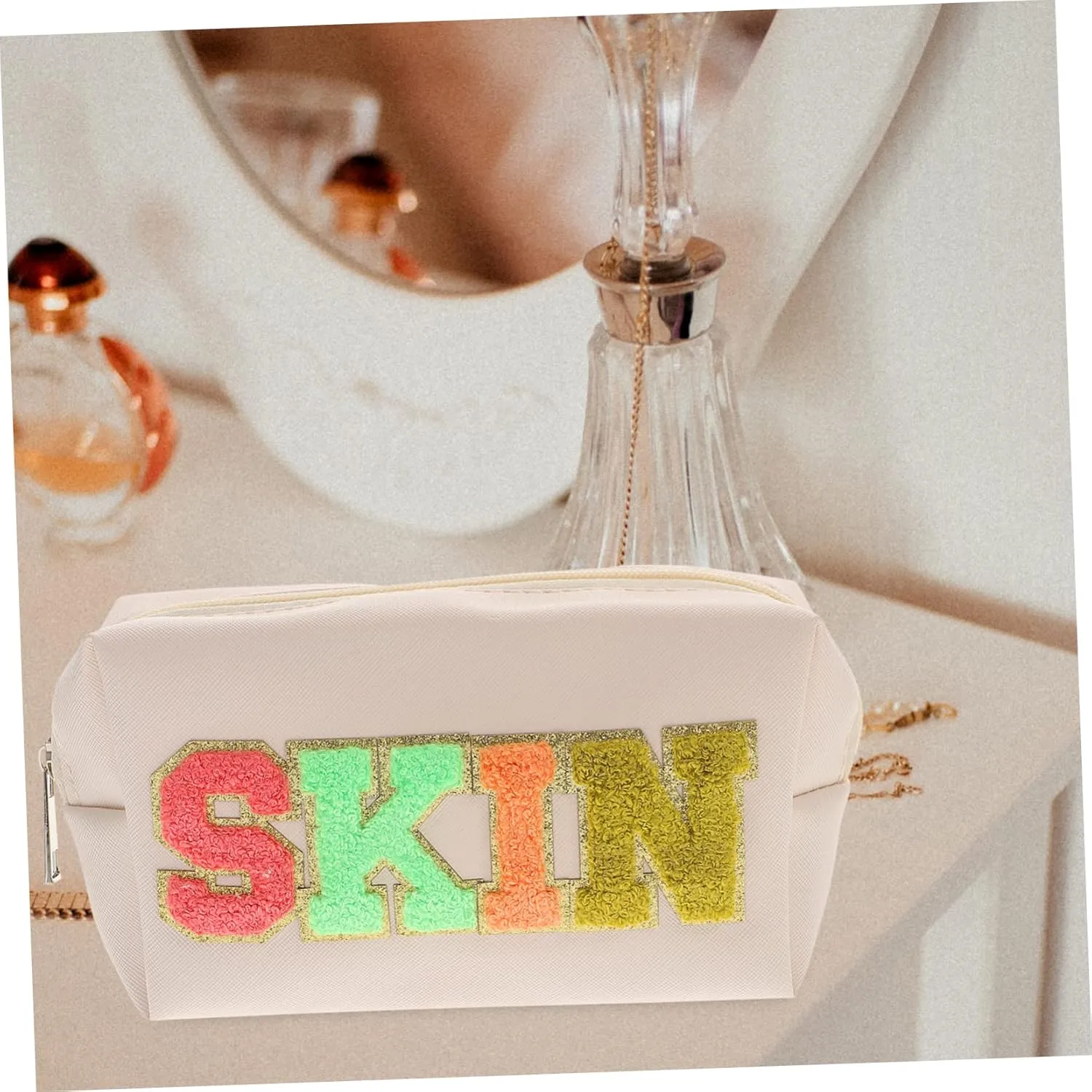 Embroidered Letter Bag Tote Bags Leather Travel Toiletry Bag Large Makeup Bag Patch Miss Jewelry, Beige, 18X11X7.5CM