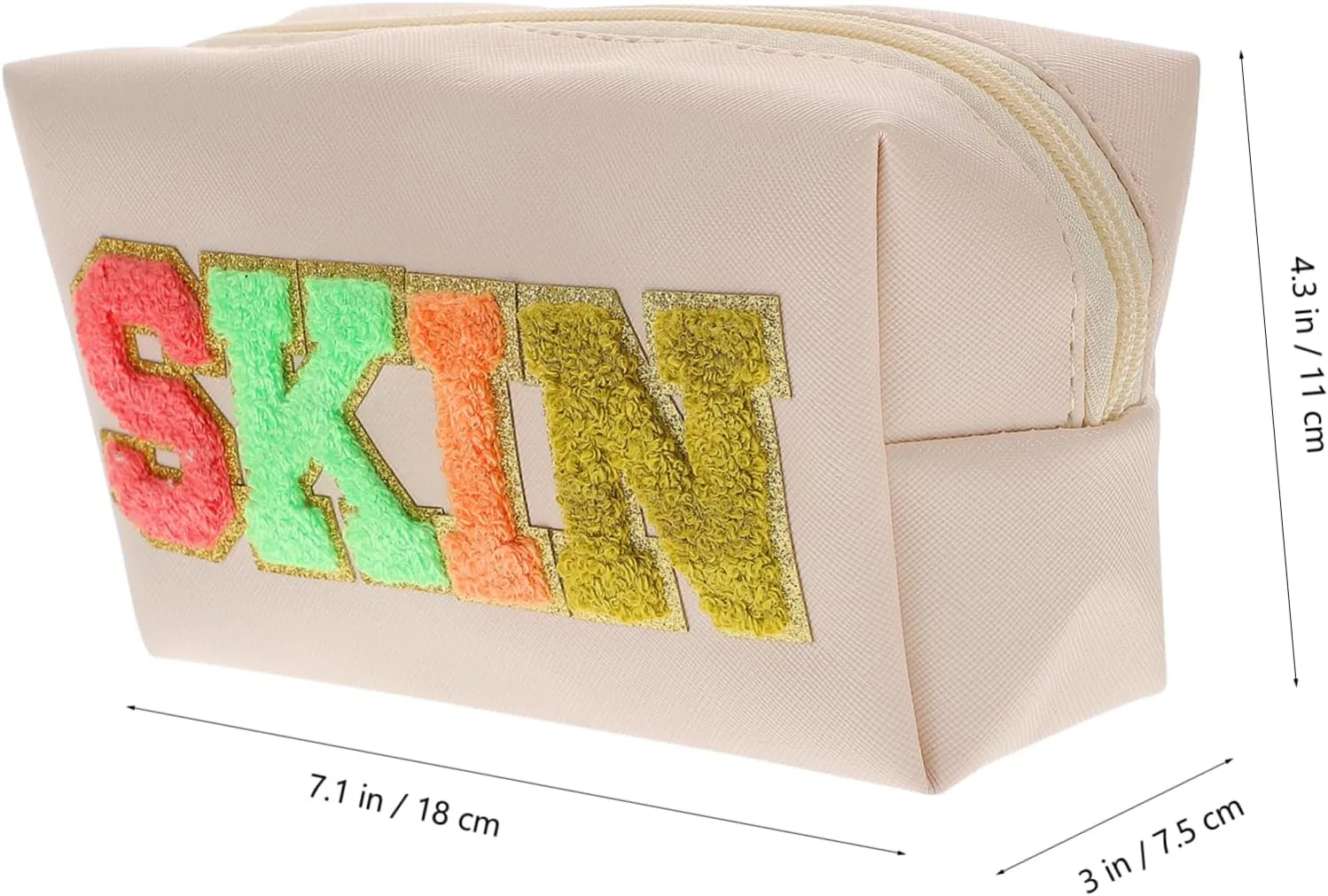 Embroidered Letter Bag Tote Bags Leather Travel Toiletry Bag Large Makeup Bag Patch Miss Jewelry, Beige, 18X11X7.5CM