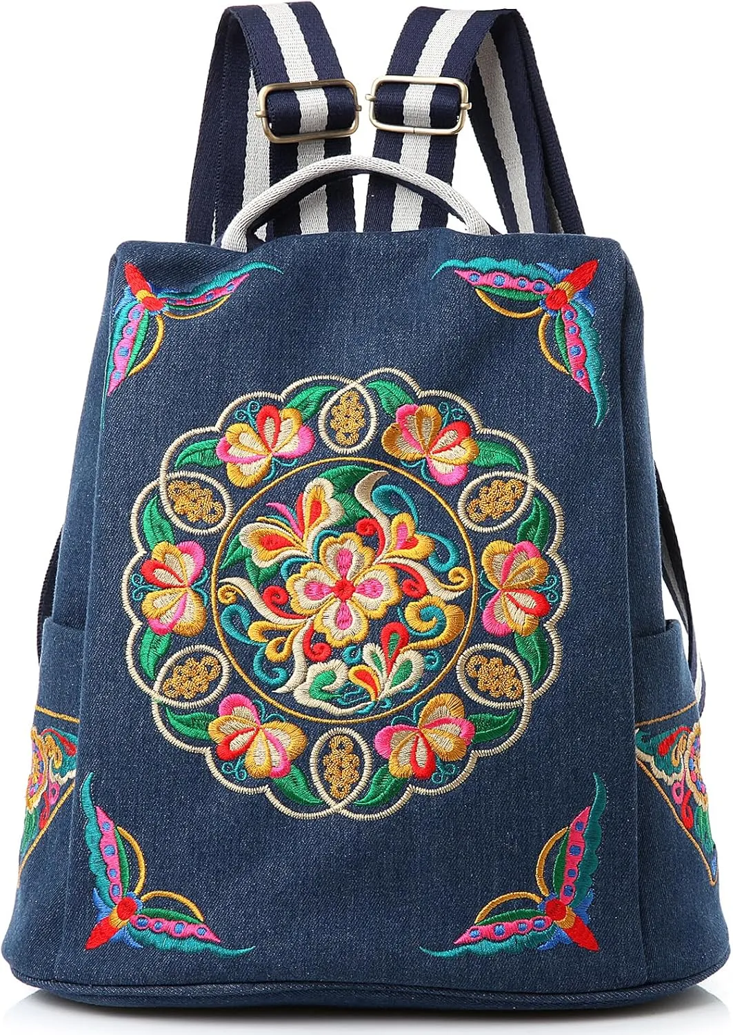 Embroidered Women Backpack Purse, Fashion Canvas Travel Anti-theft Rucksack Shoulder Bag (Denim-Deep Blue)