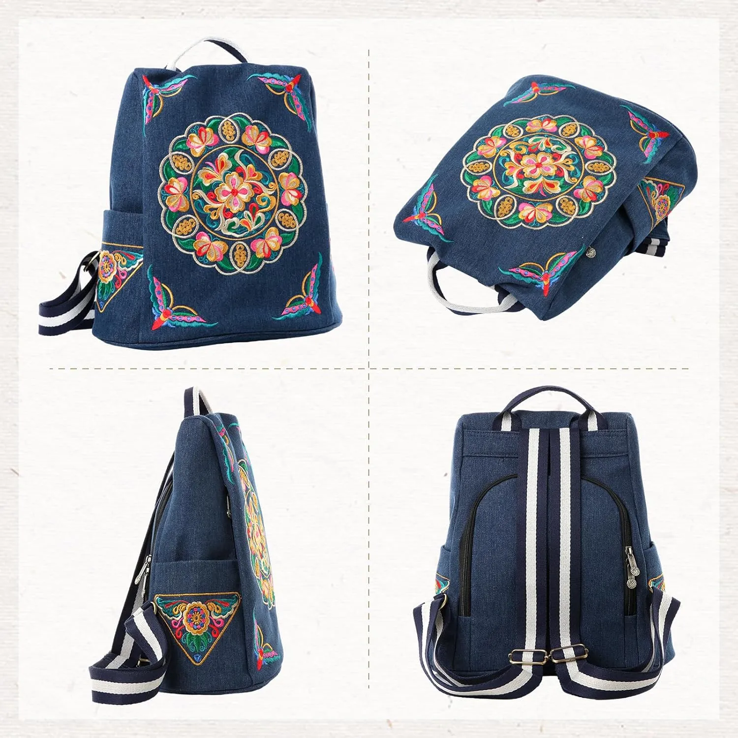 Embroidered Women Backpack Purse, Fashion Canvas Travel Anti-theft Rucksack Shoulder Bag (Denim-Deep Blue)