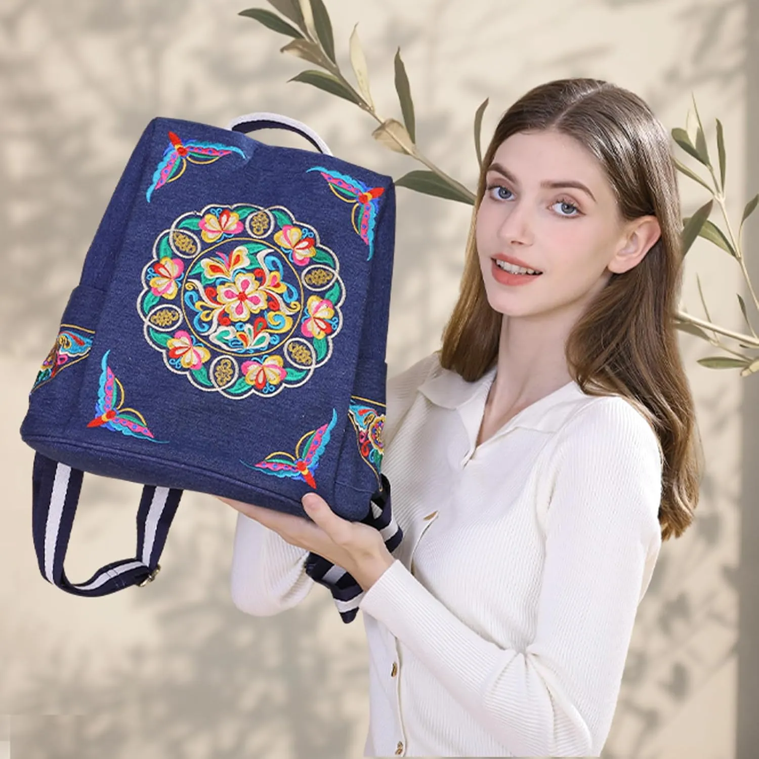 Embroidered Women Backpack Purse, Fashion Canvas Travel Anti-theft Rucksack Shoulder Bag (Denim-Deep Blue)