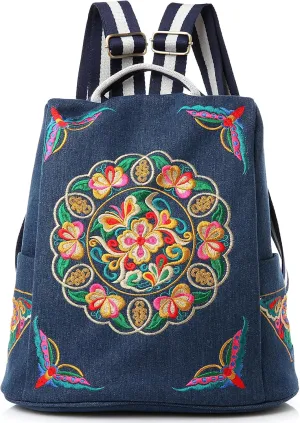 Embroidered Women Backpack Purse, Fashion Canvas Travel Anti-theft Rucksack Shoulder Bag (Denim-Deep Blue)