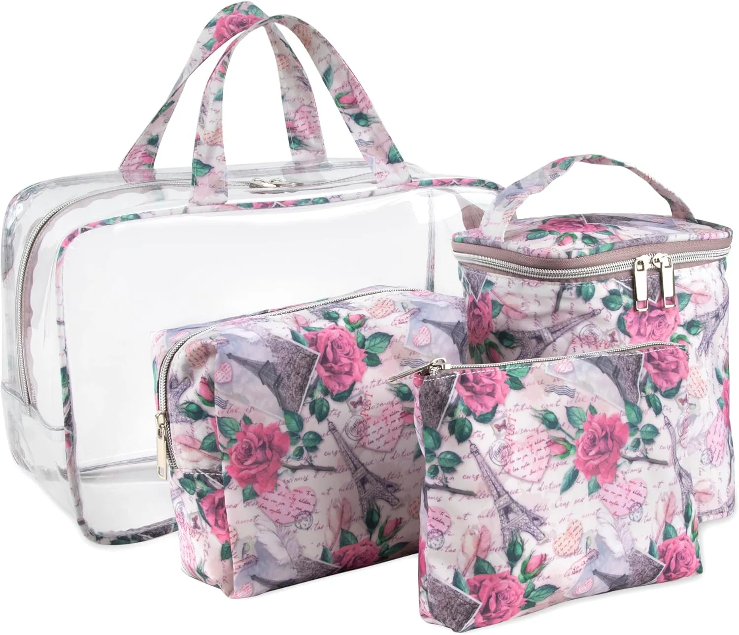 Emma & Chloe Travel Toiletry Bags for Women, 4 Piece Large Waterproof Cosmetic Case Set, Pouch Makeup Organizer Bags for Women, with Handle (Paris Rose Postcards)