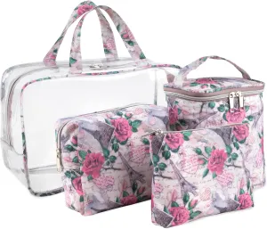 Emma & Chloe Travel Toiletry Bags for Women, 4 Piece Large Waterproof Cosmetic Case Set, Pouch Makeup Organizer Bags for Women, with Handle (Paris Rose Postcards)