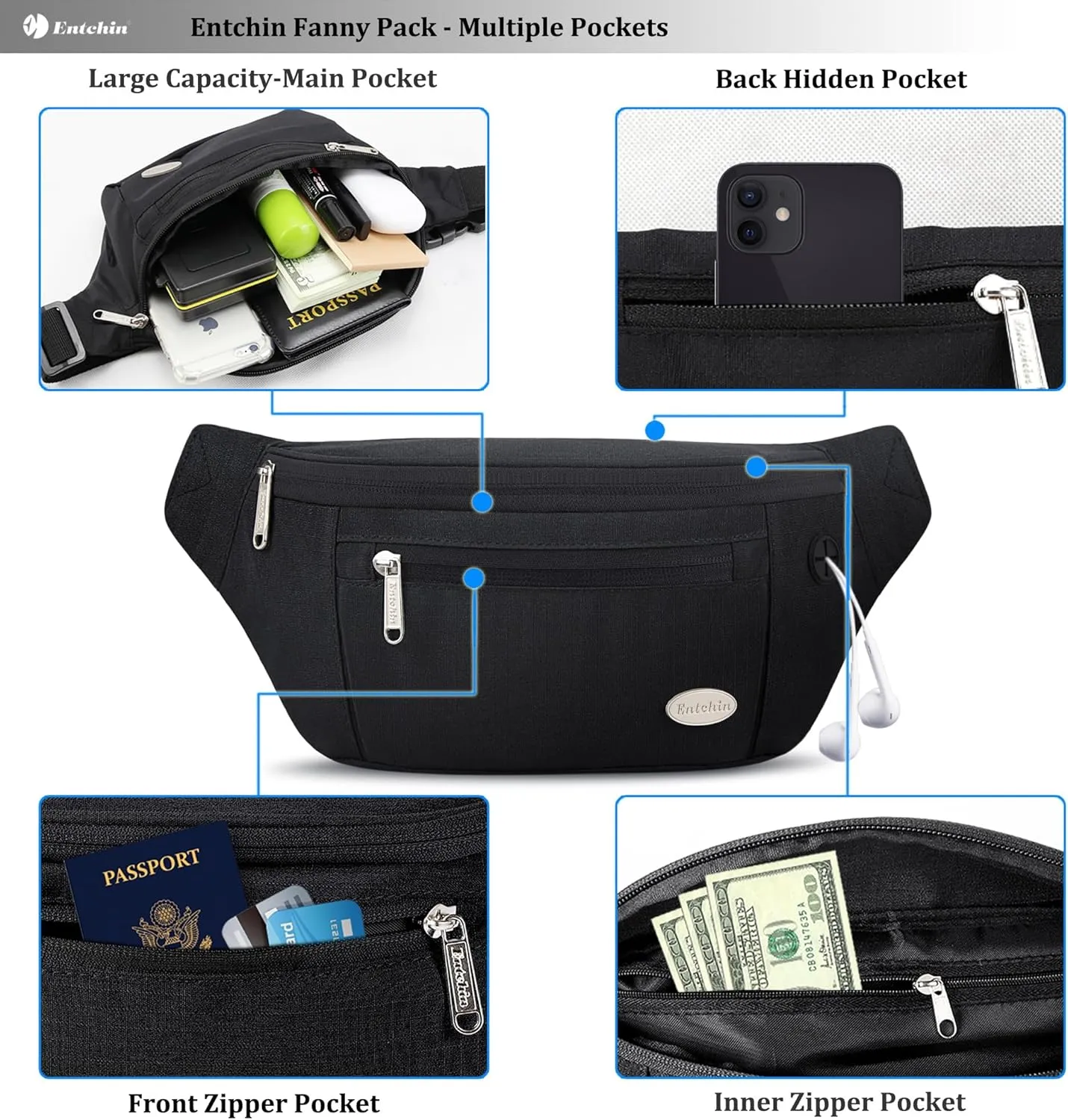 Entchin Fanny Pack for Women Men,Crossbody Belt Bag with 4-Zipper Pockets,Adjustable Waist Bag Pack,One of the Most Popular Travel Essential Gifts for Walking,Traveling,Cycling and Shopping