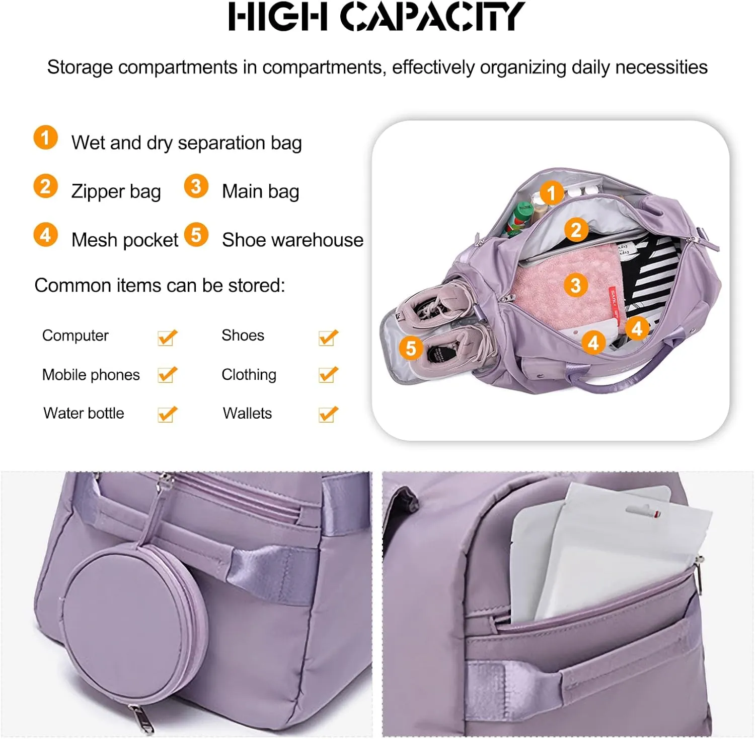 Ergocar Travel Duffel Bags Women, Large Capacity Men Travel Totes with Shoe Bag, Fashion Waterproof Sports Gym Tote Bag, Carry on Bag Weekender Overnight Bag, Black Pink