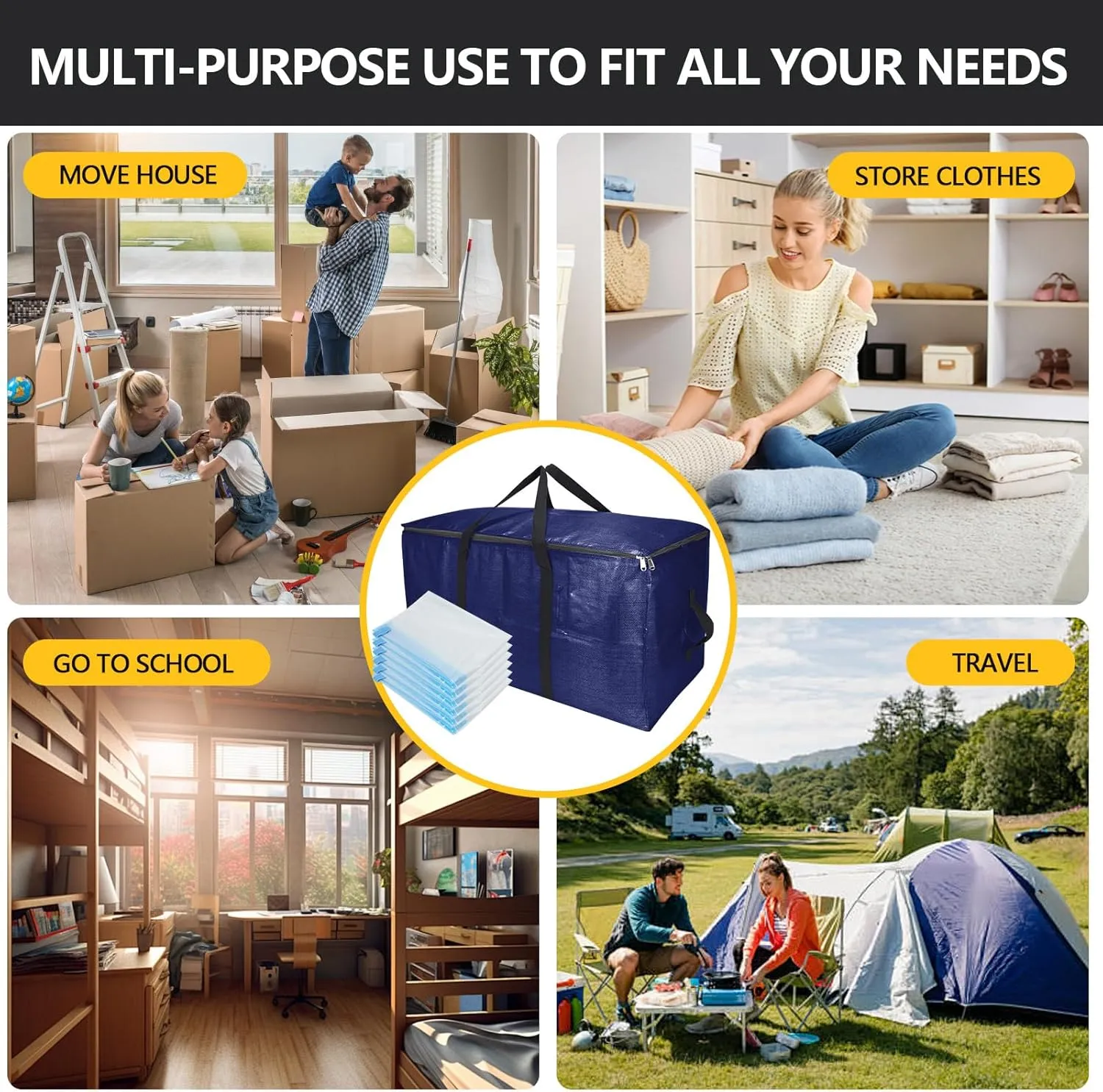 Extra Large Storage Bags Set Heavy Duty Moving Totes with Handles, Waterproof Dual-Way Carrying Design For College, Dorm, and Travel Essentials, (Blue, 18 Park-8 Moving bag & 10 Vacuum Seal Bags)