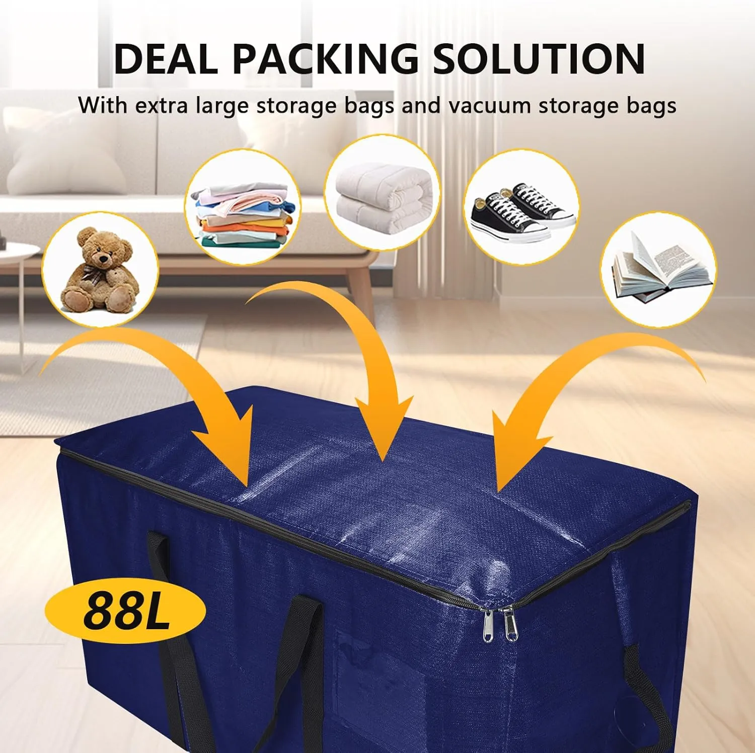 Extra Large Storage Bags Set Heavy Duty Moving Totes with Handles, Waterproof Dual-Way Carrying Design For College, Dorm, and Travel Essentials, (Blue, 18 Park-8 Moving bag & 10 Vacuum Seal Bags)