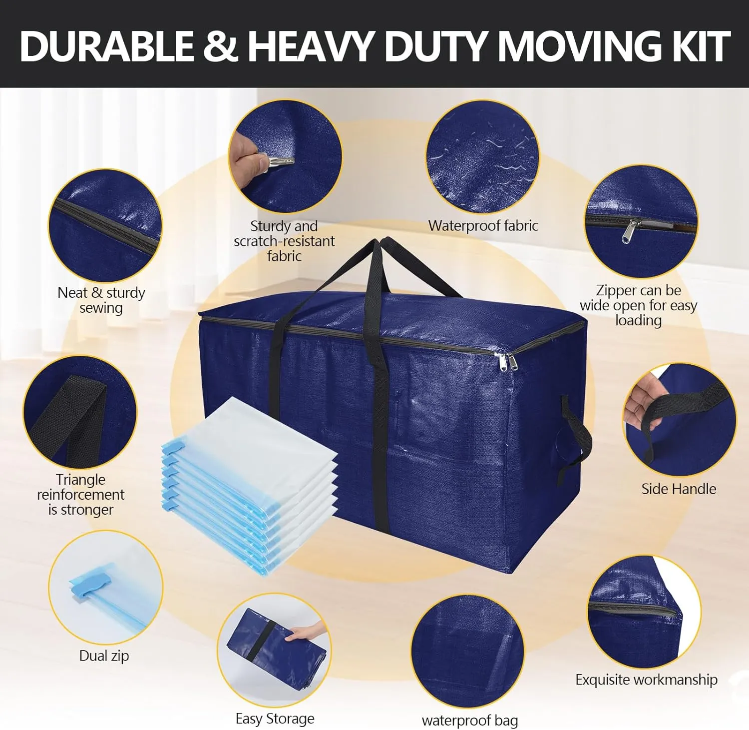 Extra Large Storage Bags Set Heavy Duty Moving Totes with Handles, Waterproof Dual-Way Carrying Design For College, Dorm, and Travel Essentials, (Blue, 18 Park-8 Moving bag & 10 Vacuum Seal Bags)