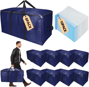 Extra Large Storage Bags Set Heavy Duty Moving Totes with Handles, Waterproof Dual-Way Carrying Design For College, Dorm, and Travel Essentials, (Blue, 18 Park-8 Moving bag & 10 Vacuum Seal Bags)