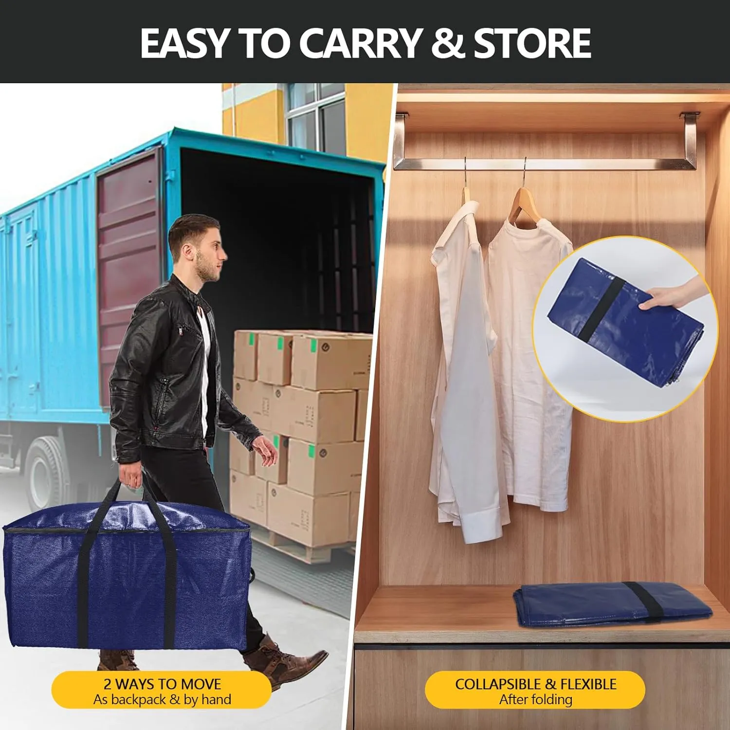 Extra Large Storage Bags Set Heavy Duty Moving Totes with Handles, Waterproof Dual-Way Carrying Design For College, Dorm, and Travel Essentials, (Blue, 18 Park-8 Moving bag & 10 Vacuum Seal Bags)