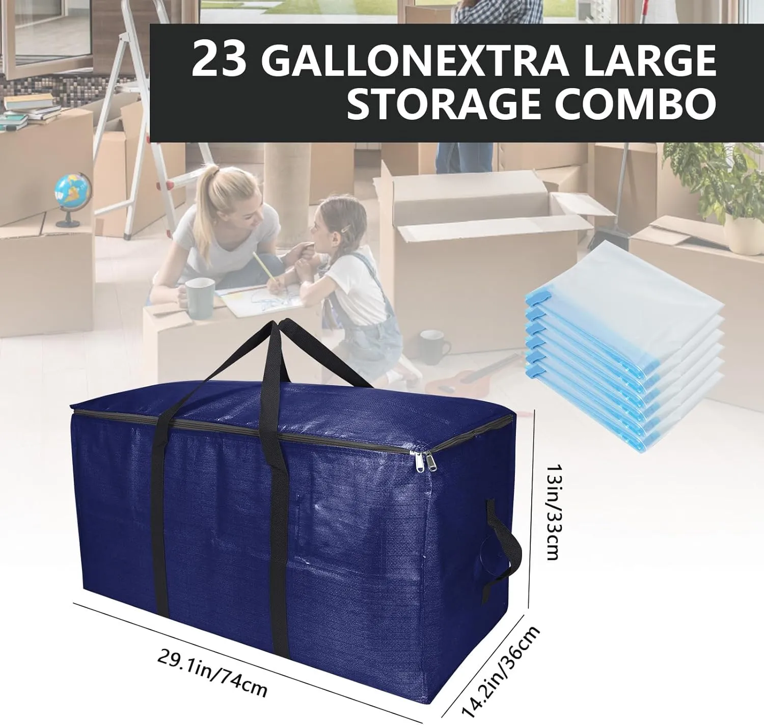 Extra Large Storage Bags Set Heavy Duty Moving Totes with Handles, Waterproof Dual-Way Carrying Design For College, Dorm, and Travel Essentials, (Blue, 18 Park-8 Moving bag & 10 Vacuum Seal Bags)