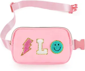 Fanny Pack for Girls Birthday Easter Gifts, Girls Crossbody Bag Preppy Nylon Teen Belt Bag for Graduation Travel Gifts, Light Pink Chenille L Letter