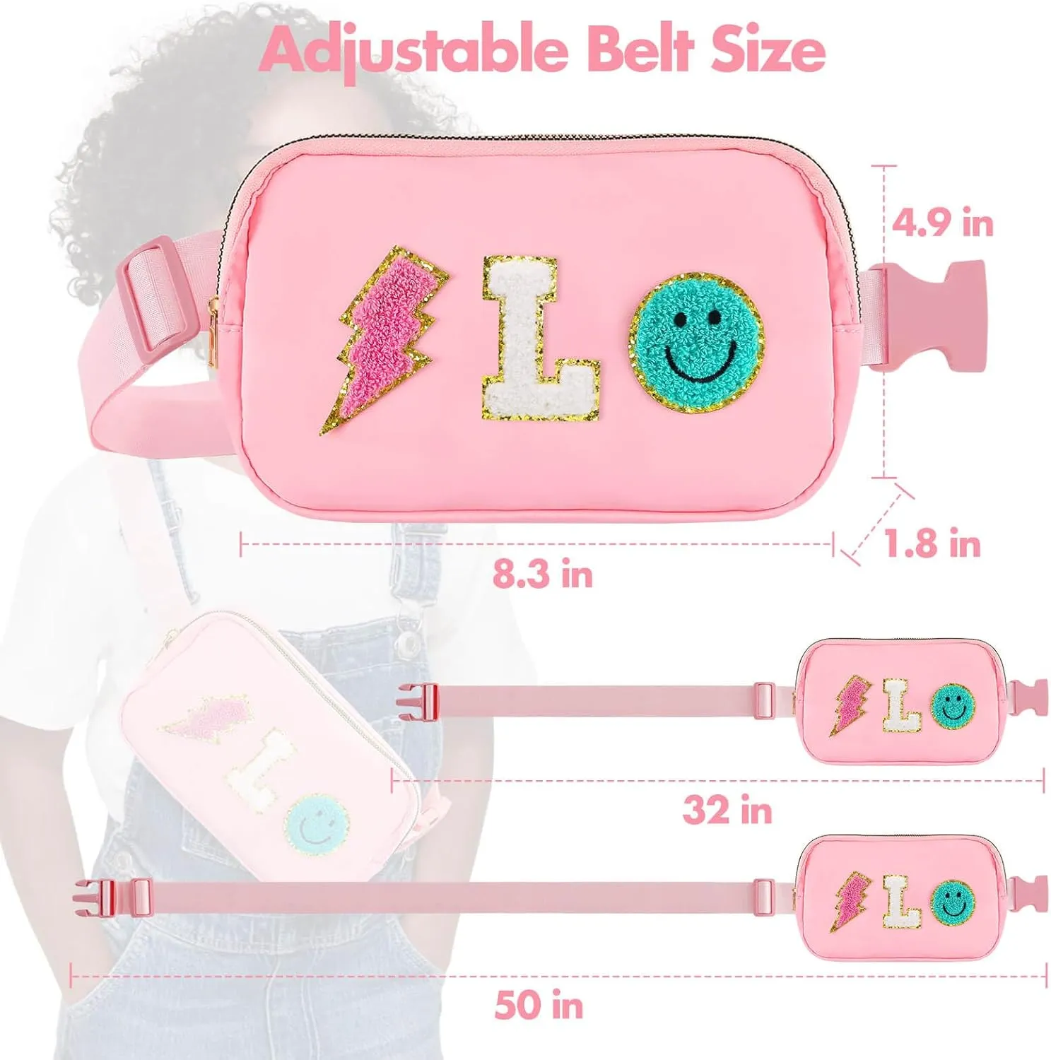 Fanny Pack for Girls Birthday Easter Gifts, Girls Crossbody Bag Preppy Nylon Teen Belt Bag for Graduation Travel Gifts, Light Pink Chenille L Letter