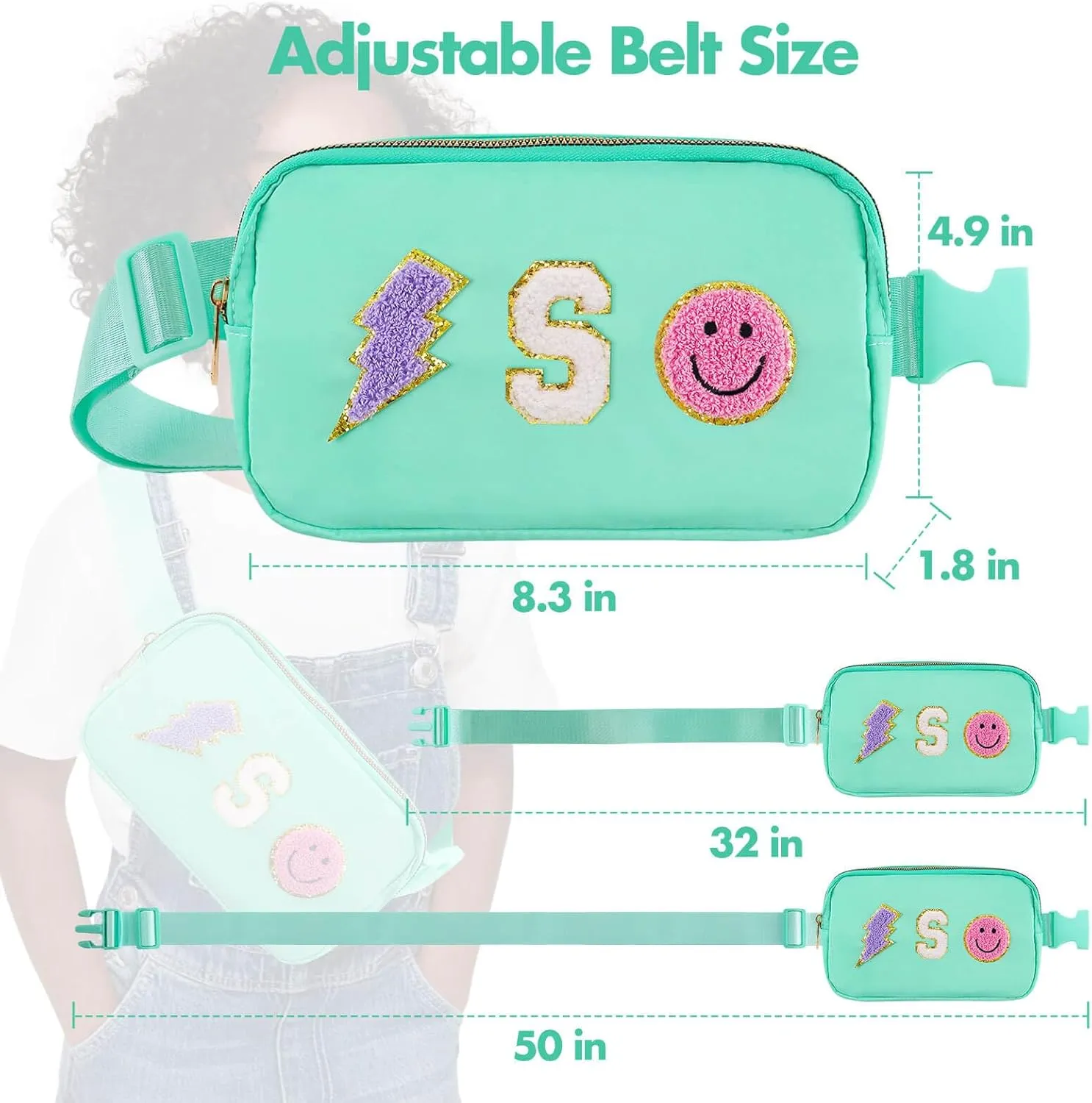 Fanny Pack for Girls Crossbody Bag, Preppy Nylon Belt Bag for Birthday Easter Gifts for 4-13 Year Old Kids Teen Girls, Chenille S Letter Fanny Pack, Green