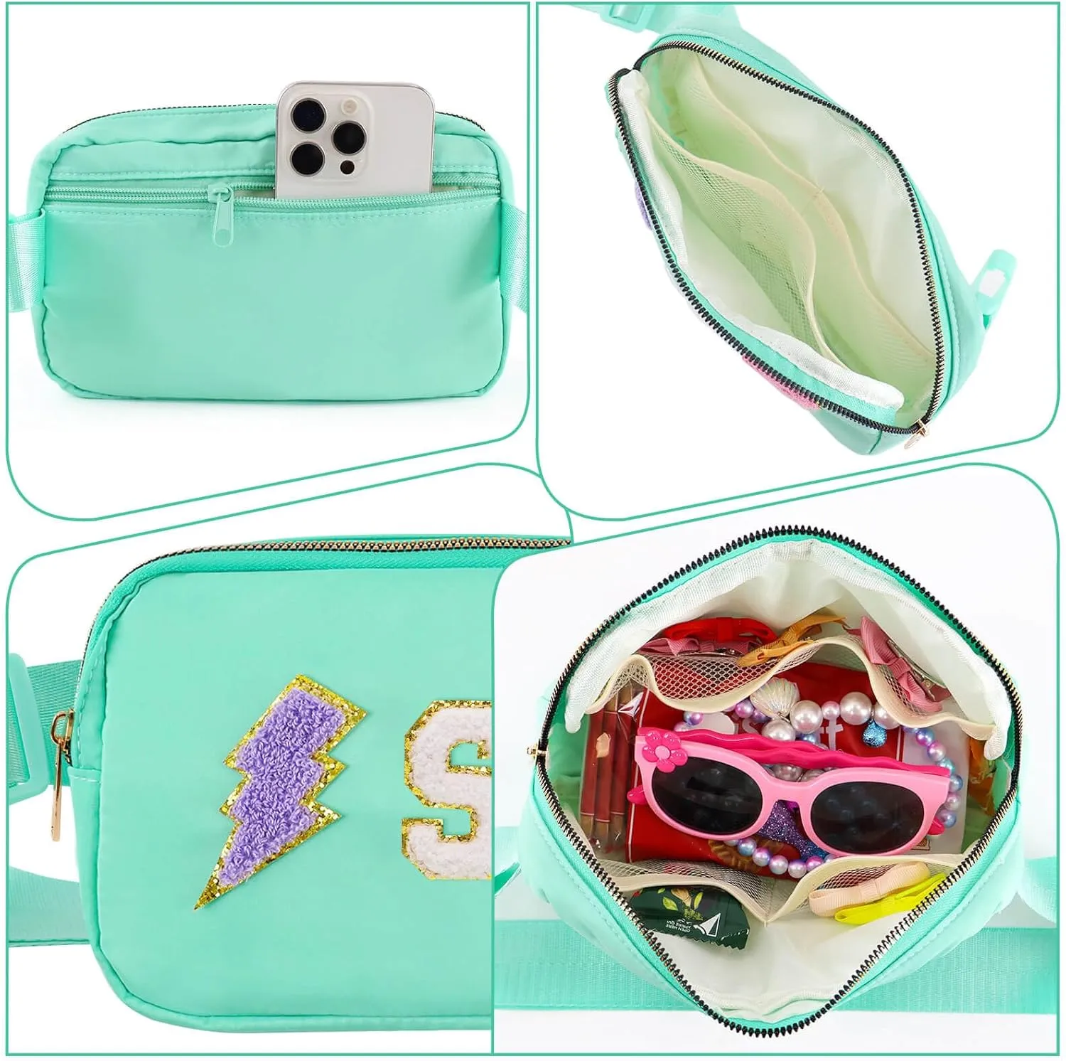 Fanny Pack for Girls Crossbody Bag, Preppy Nylon Belt Bag for Birthday Easter Gifts for 4-13 Year Old Kids Teen Girls, Chenille S Letter Fanny Pack, Green