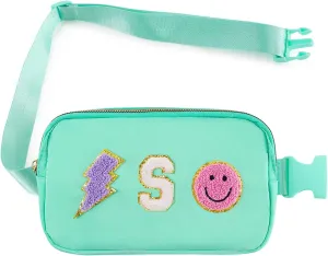 Fanny Pack for Girls Crossbody Bag, Preppy Nylon Belt Bag for Birthday Easter Gifts for 4-13 Year Old Kids Teen Girls, Chenille S Letter Fanny Pack, Green