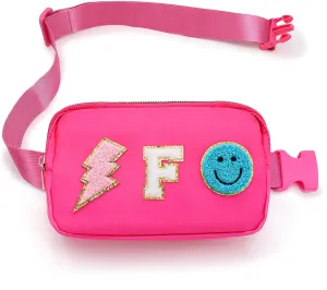 Fanny Pack for Girls Crossbody Bag, Preppy Nylon Kids Belt Bag for Birthday Christmas Graduation Personalized Gifts, Pink Chenille F Letter for Women Teen Girls Fanny Pack