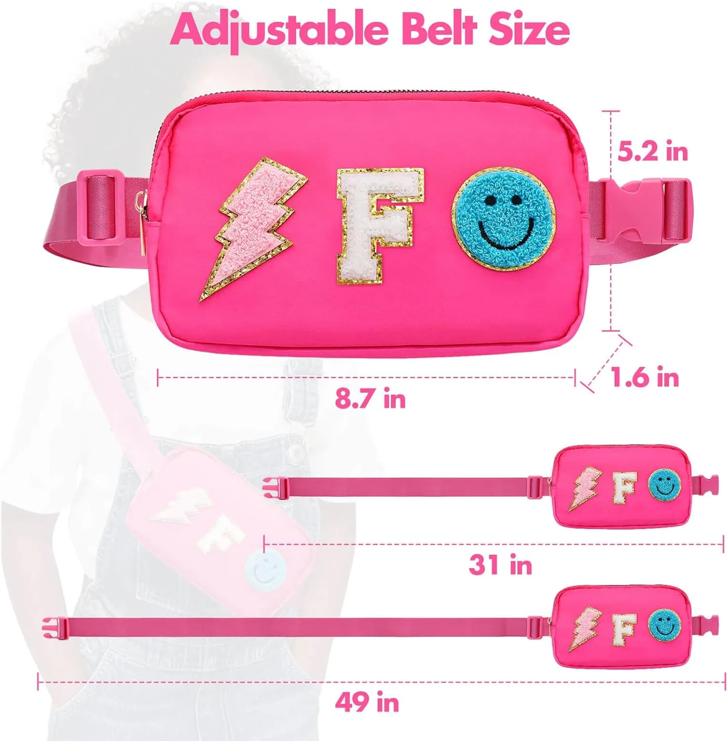 Fanny Pack for Girls Crossbody Bag, Preppy Nylon Kids Belt Bag for Birthday Christmas Graduation Personalized Gifts, Pink Chenille F Letter for Women Teen Girls Fanny Pack