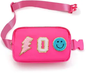 Fanny Pack for Girls Crossbody Bag, Preppy Nylon Kids Belt Bag for Birthday Christmas Graduation Personalized Gifts, Pink Chenille O Letter for Women Teen Girls Fanny Pack