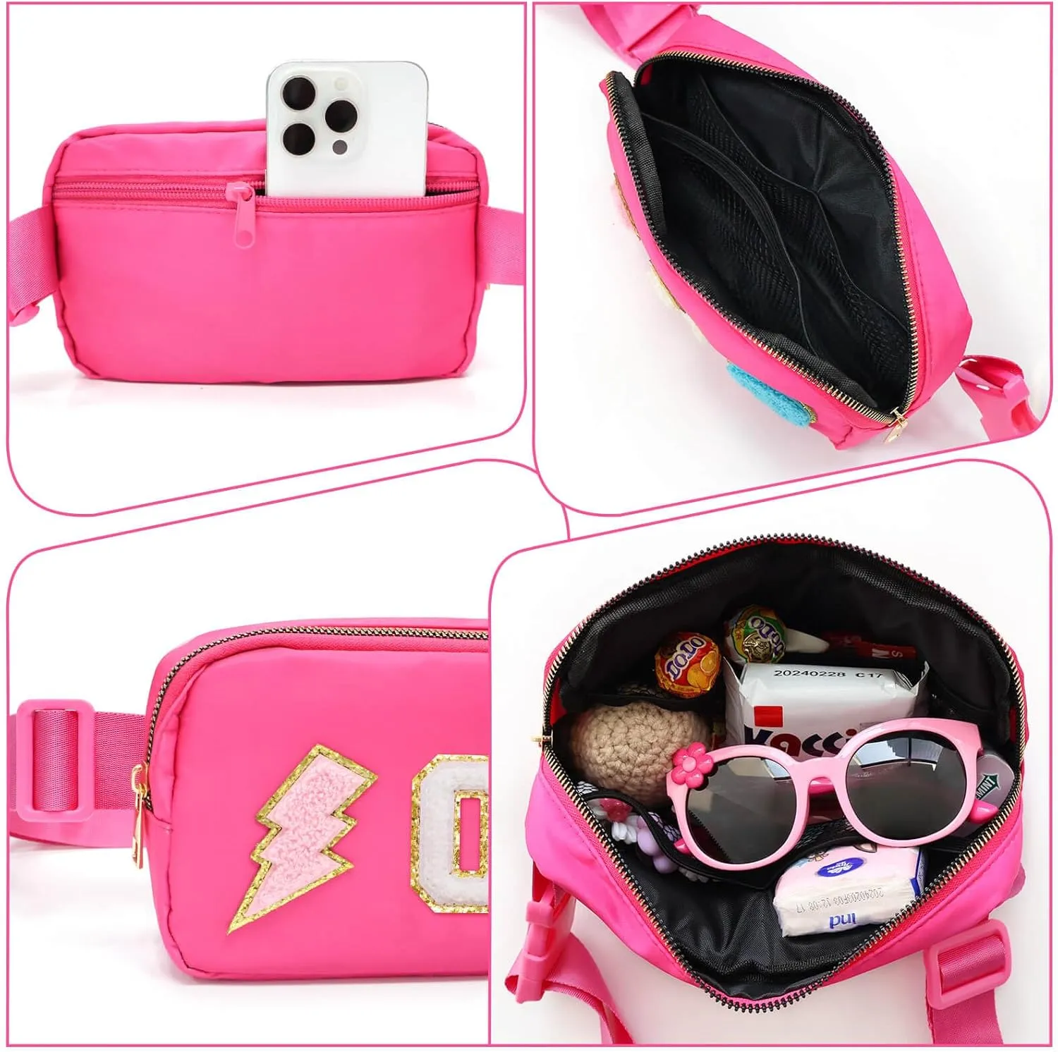 Fanny Pack for Girls Crossbody Bag, Preppy Nylon Kids Belt Bag for Birthday Christmas Graduation Personalized Gifts, Pink Chenille O Letter for Women Teen Girls Fanny Pack