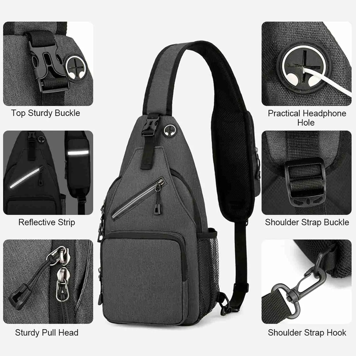 Fanny Pack Large Capacity Crossbody Bag with Breathable Shoulder Strap Night Reflective Strip for Outdoor Travel (Darkgray)