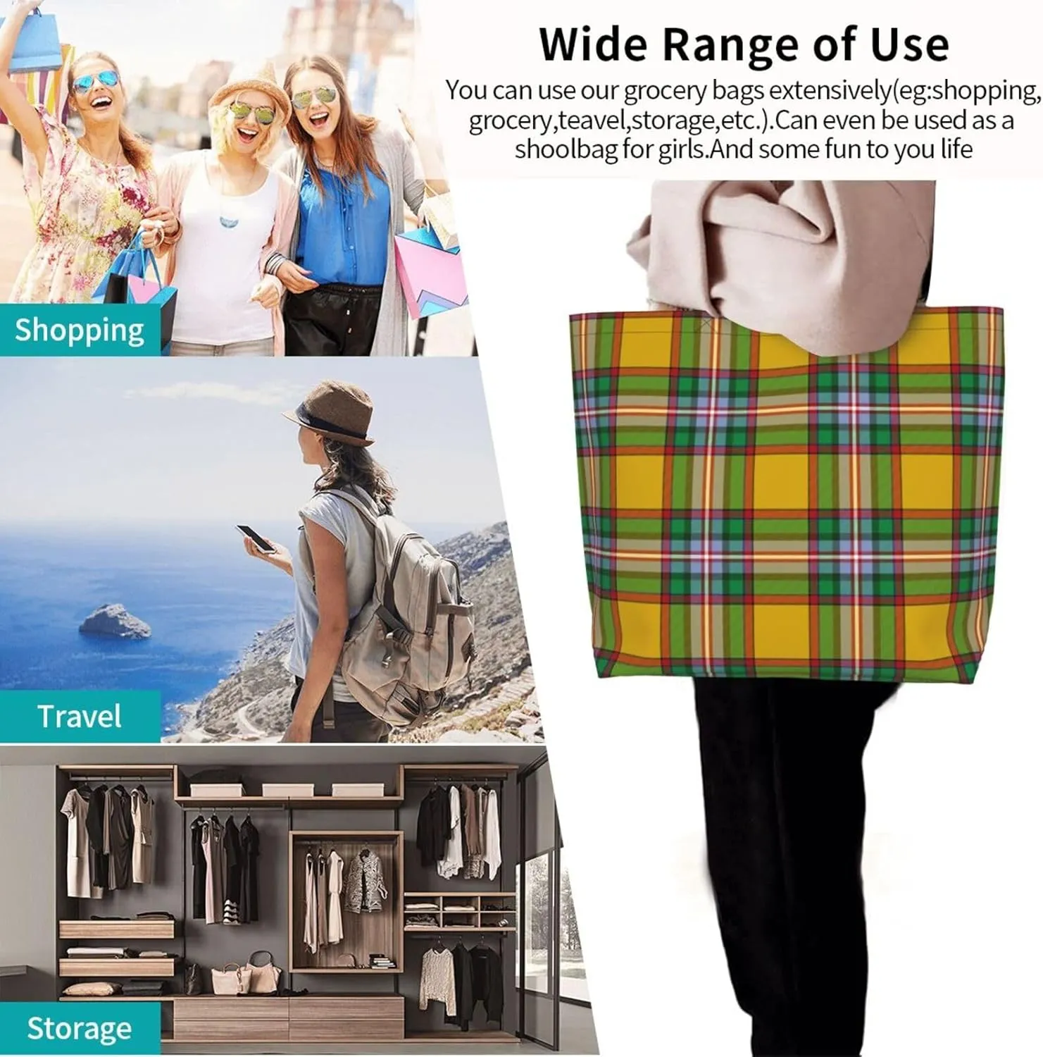 Farquharson Weathered Tartan Tote Bag For Women Weekender Travel Bag Reusable Grocery Bags Large Totes Handbags