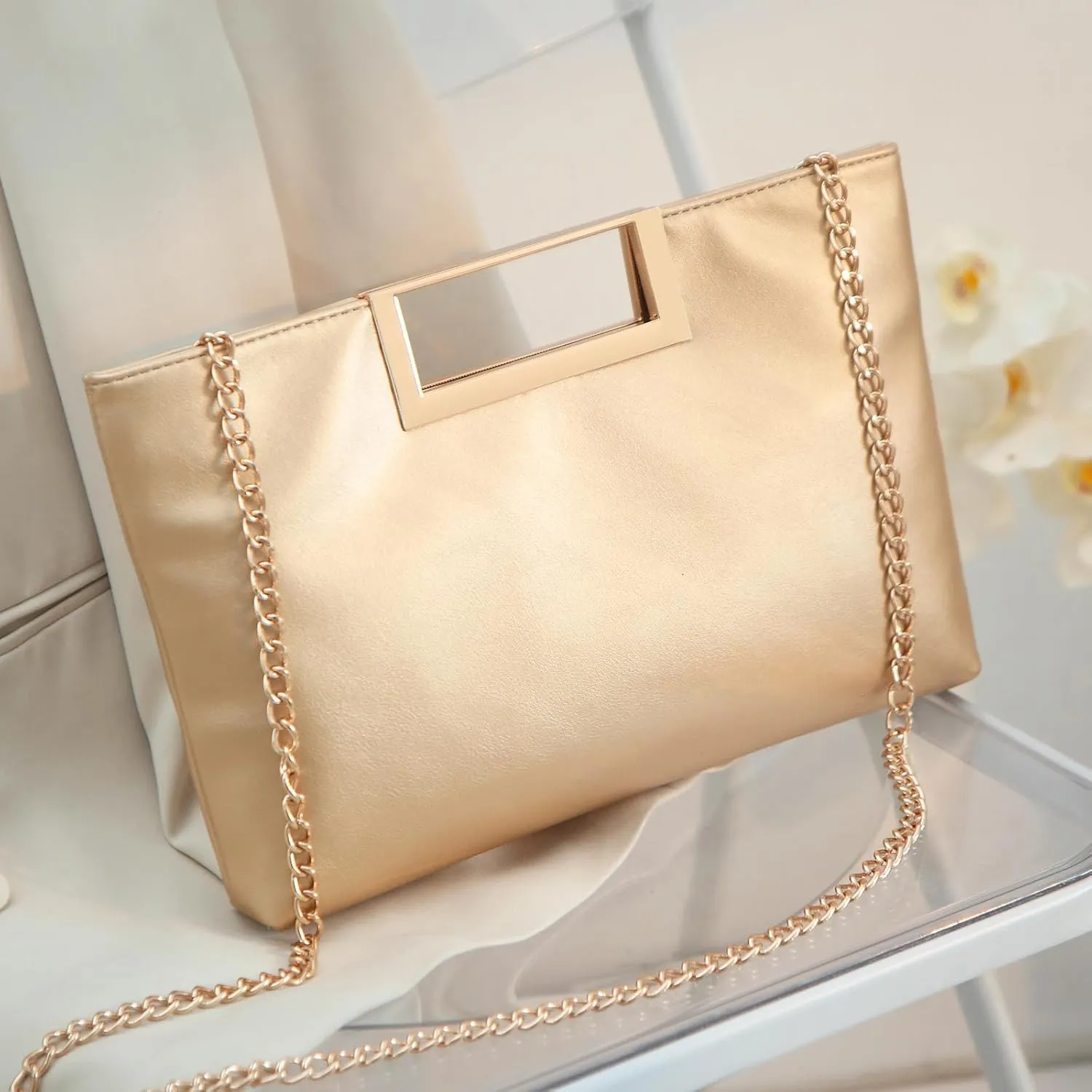 Fashion Top-Handle Bag for Women Trendy Crossbody Clutch Purse PU Leather Classic Handbag with Metal Chain