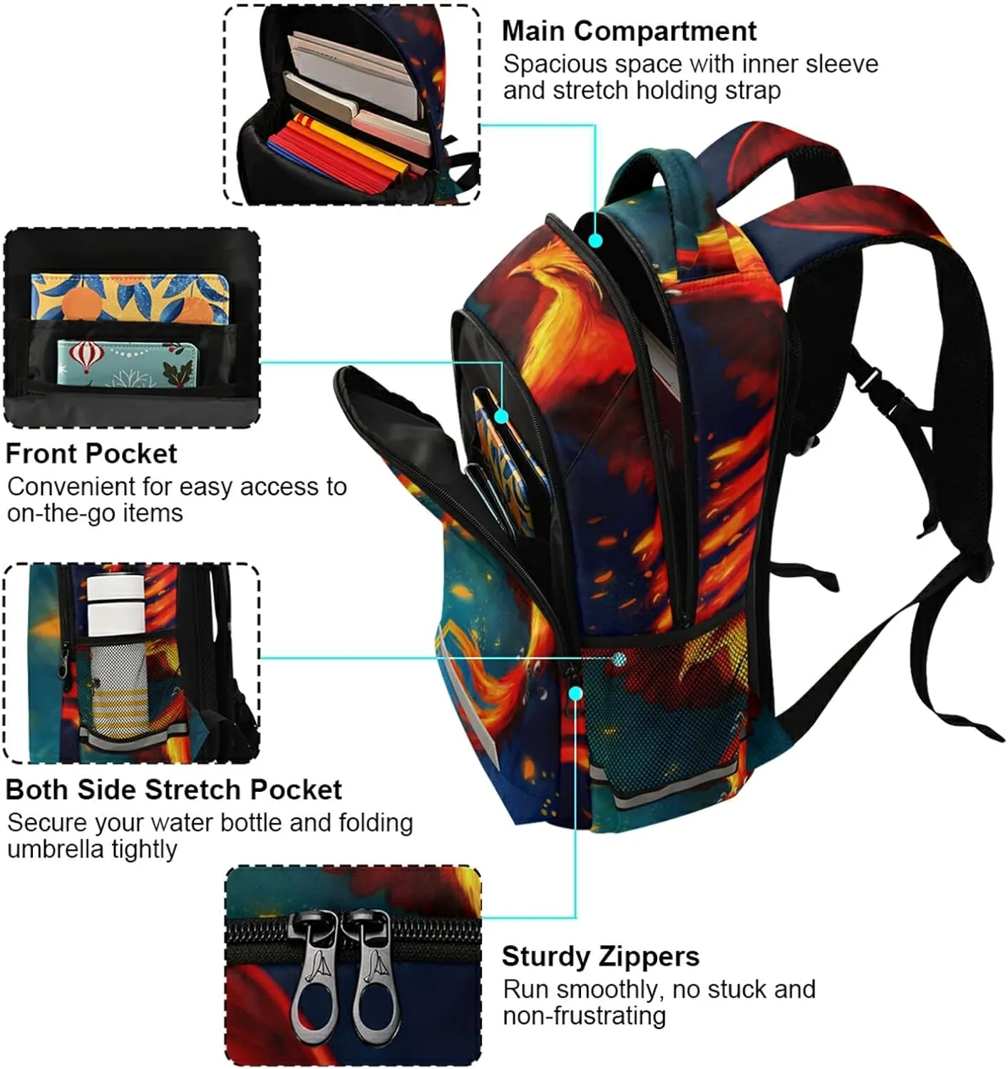 Fire Phoenix Backpack bookbag for Boys Girls, Elementary Schoolbag Travel Bag Casual Daypack Rucksack for Students