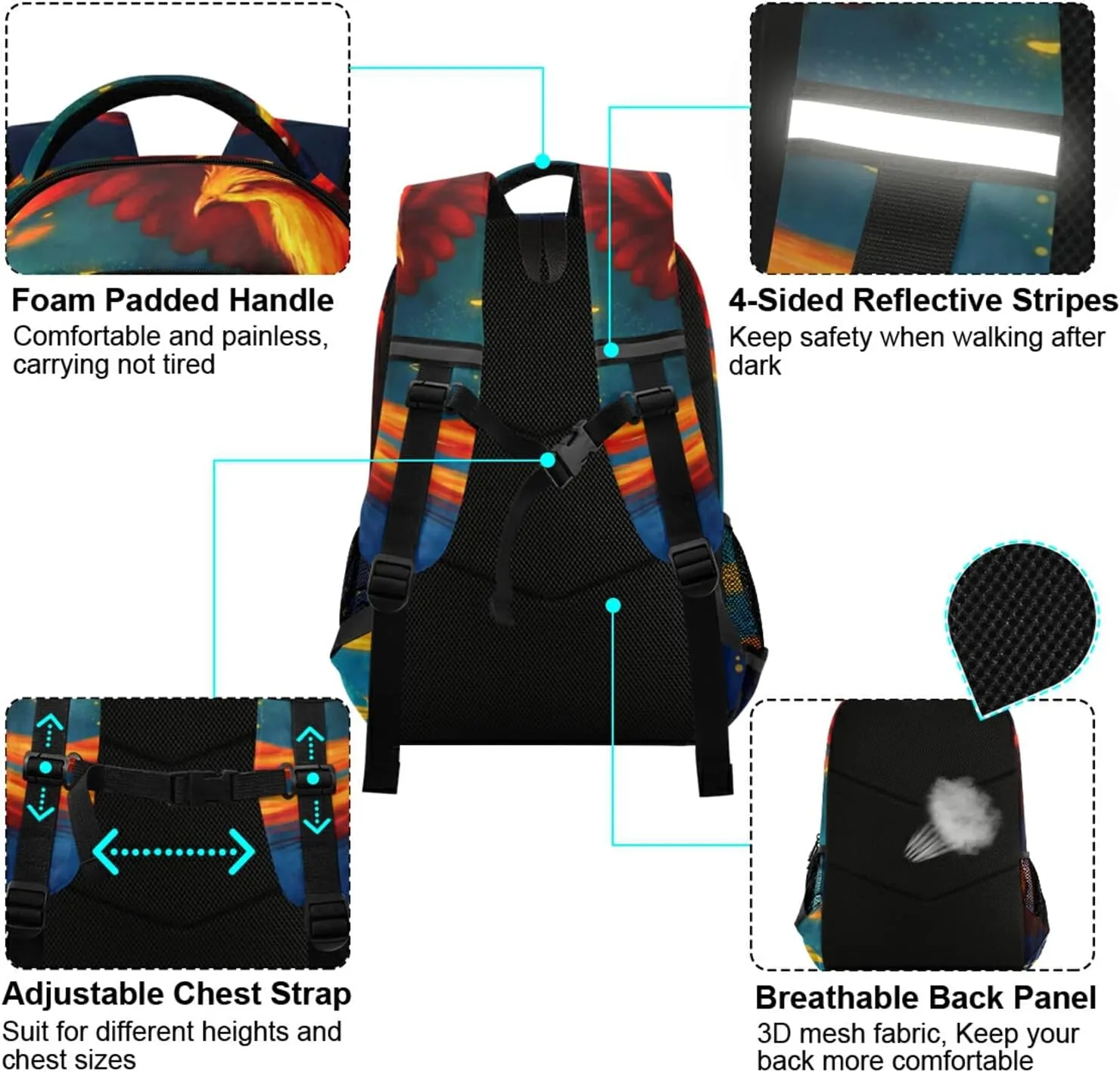 Fire Phoenix Backpack bookbag for Boys Girls, Elementary Schoolbag Travel Bag Casual Daypack Rucksack for Students