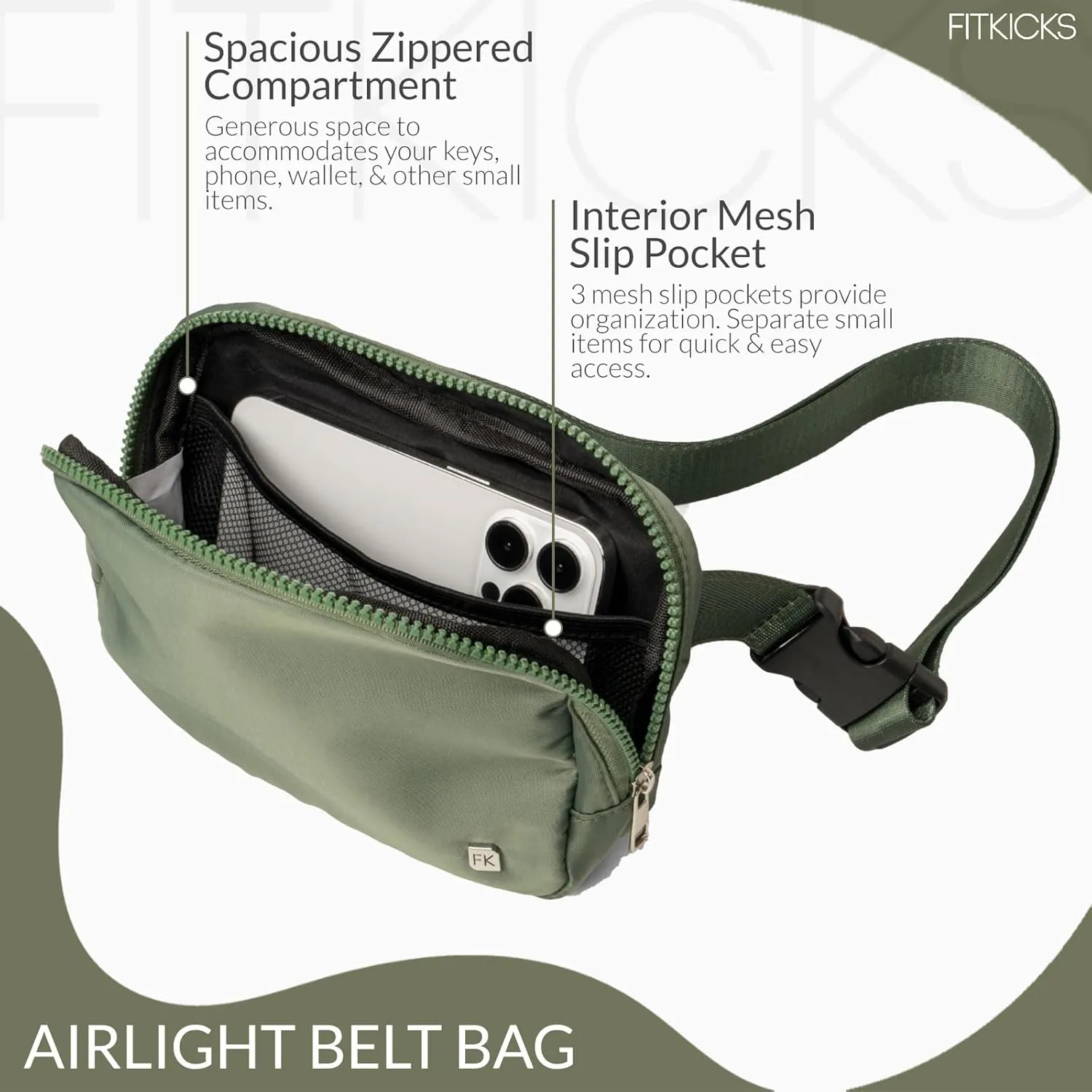 FITKICKS Airlight Belt Bag Lightweight Fanny Pack, Waist Pouch with Adjustable Strap - Green