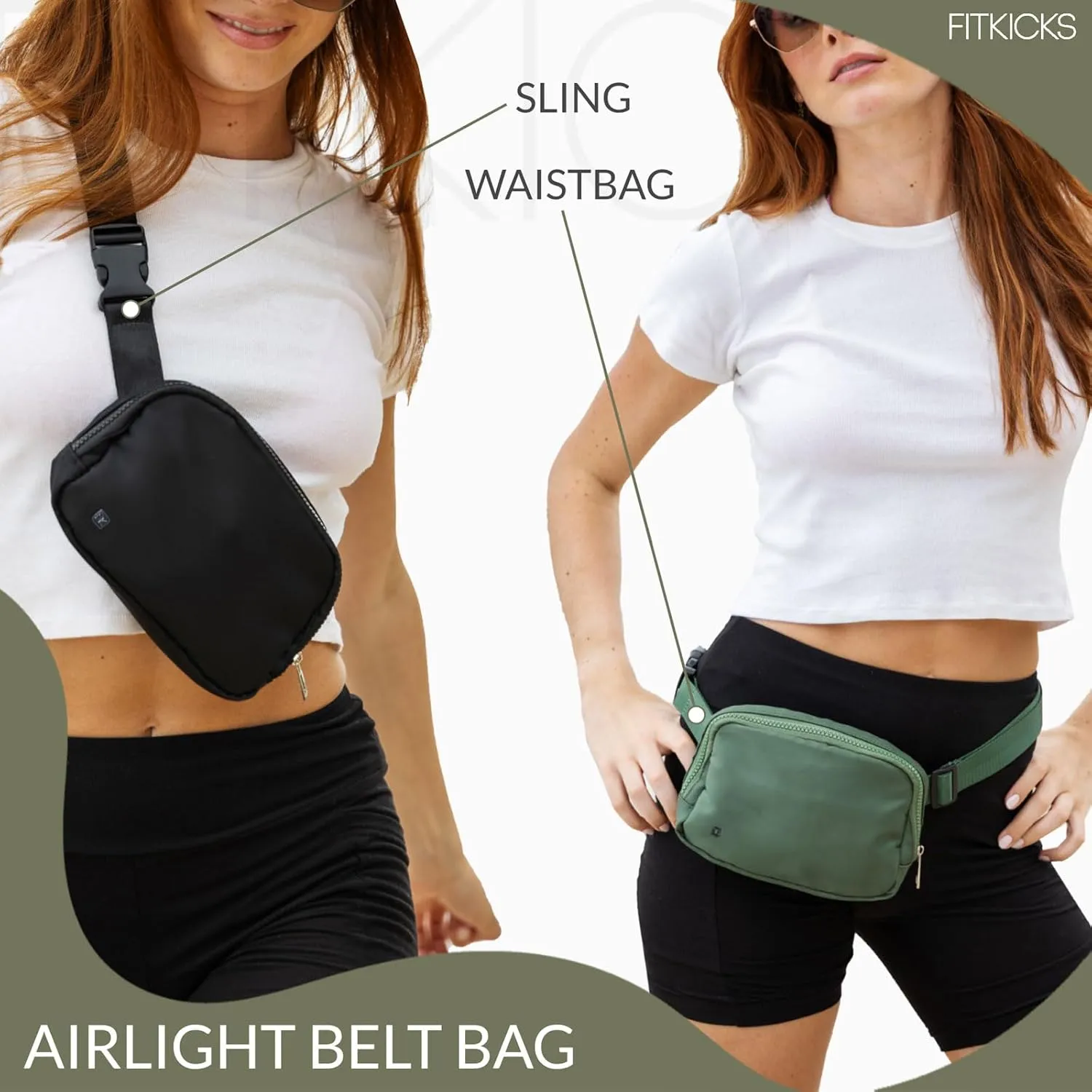 FITKICKS Airlight Belt Bag Lightweight Fanny Pack, Waist Pouch with Adjustable Strap - Green