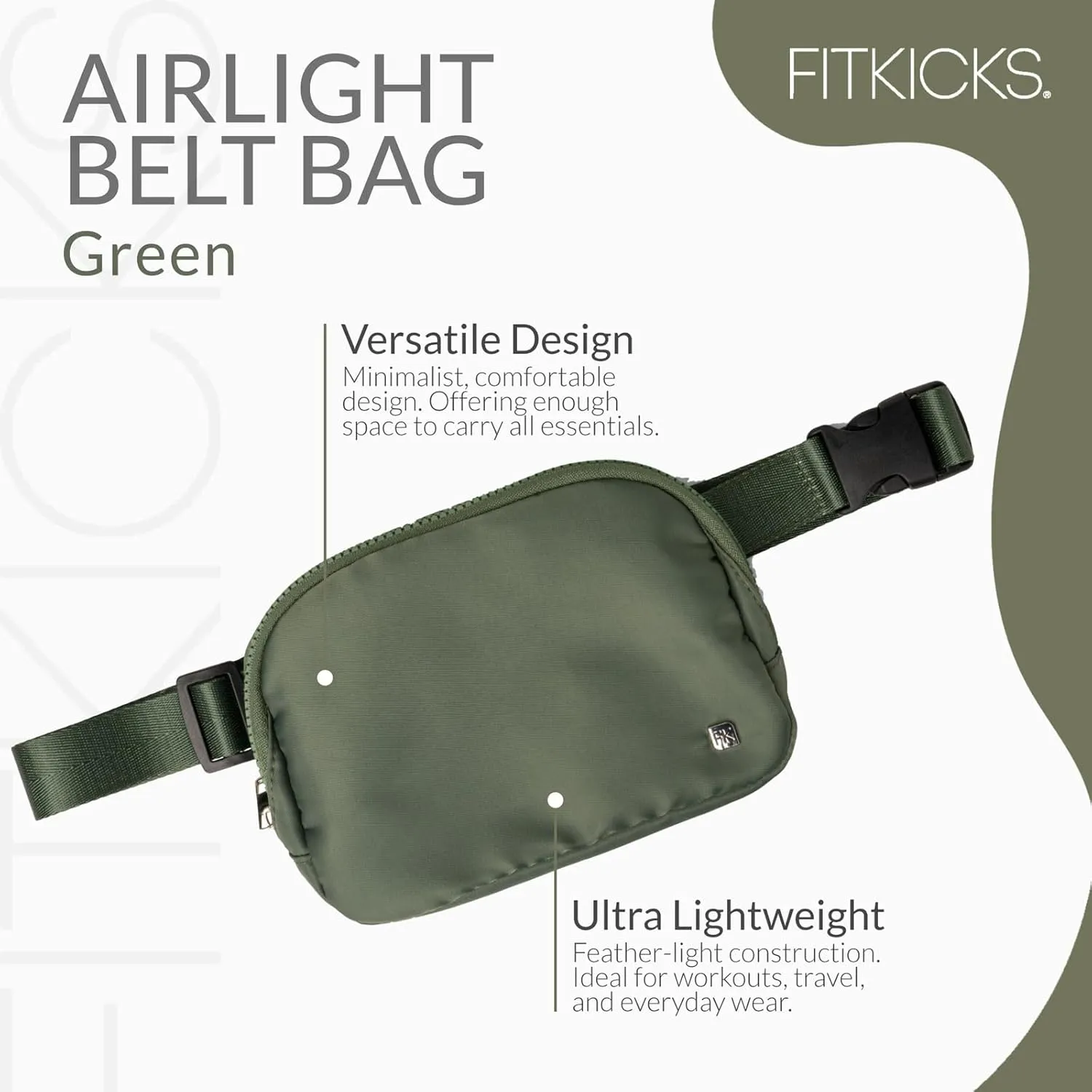 FITKICKS Airlight Belt Bag Lightweight Fanny Pack, Waist Pouch with Adjustable Strap - Green