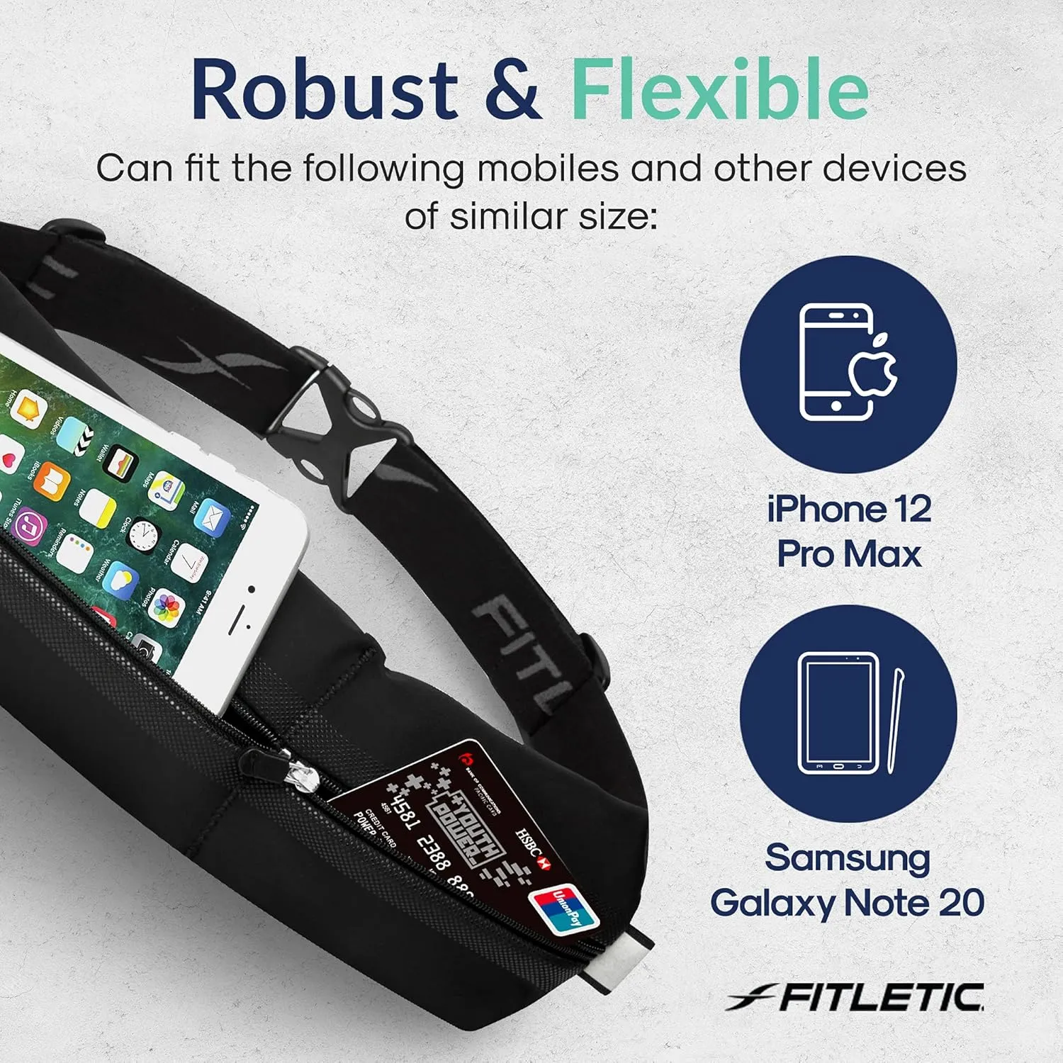 Fitletic Bolt Double Pocket Running Belt & Active Fanny Pack For Men & Women – Water Resistant, Lightweight Sleek Design – Patented No Bounce Hip Hugging Fit – Holds Any Phone