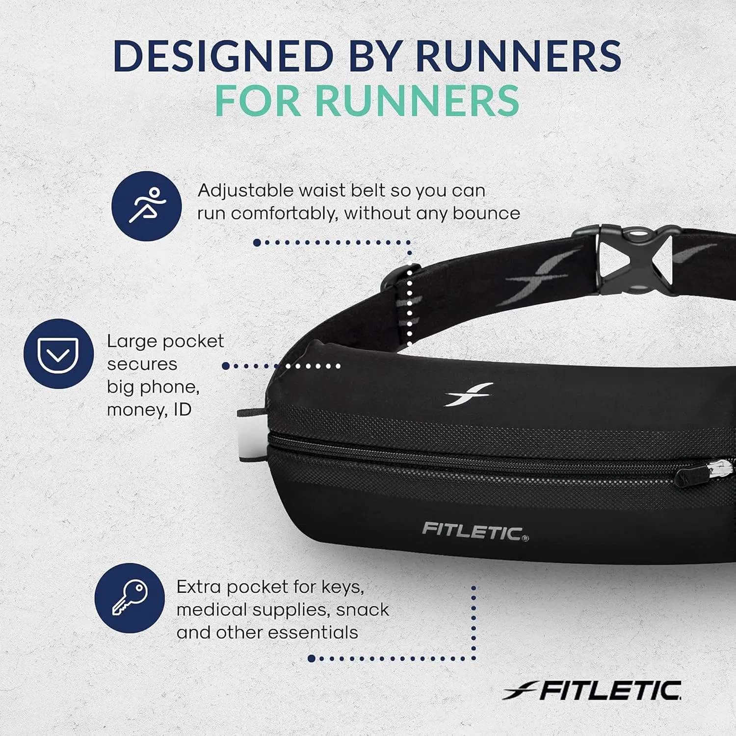 Fitletic Bolt Double Pocket Running Belt & Active Fanny Pack For Men & Women – Water Resistant, Lightweight Sleek Design – Patented No Bounce Hip Hugging Fit – Holds Any Phone