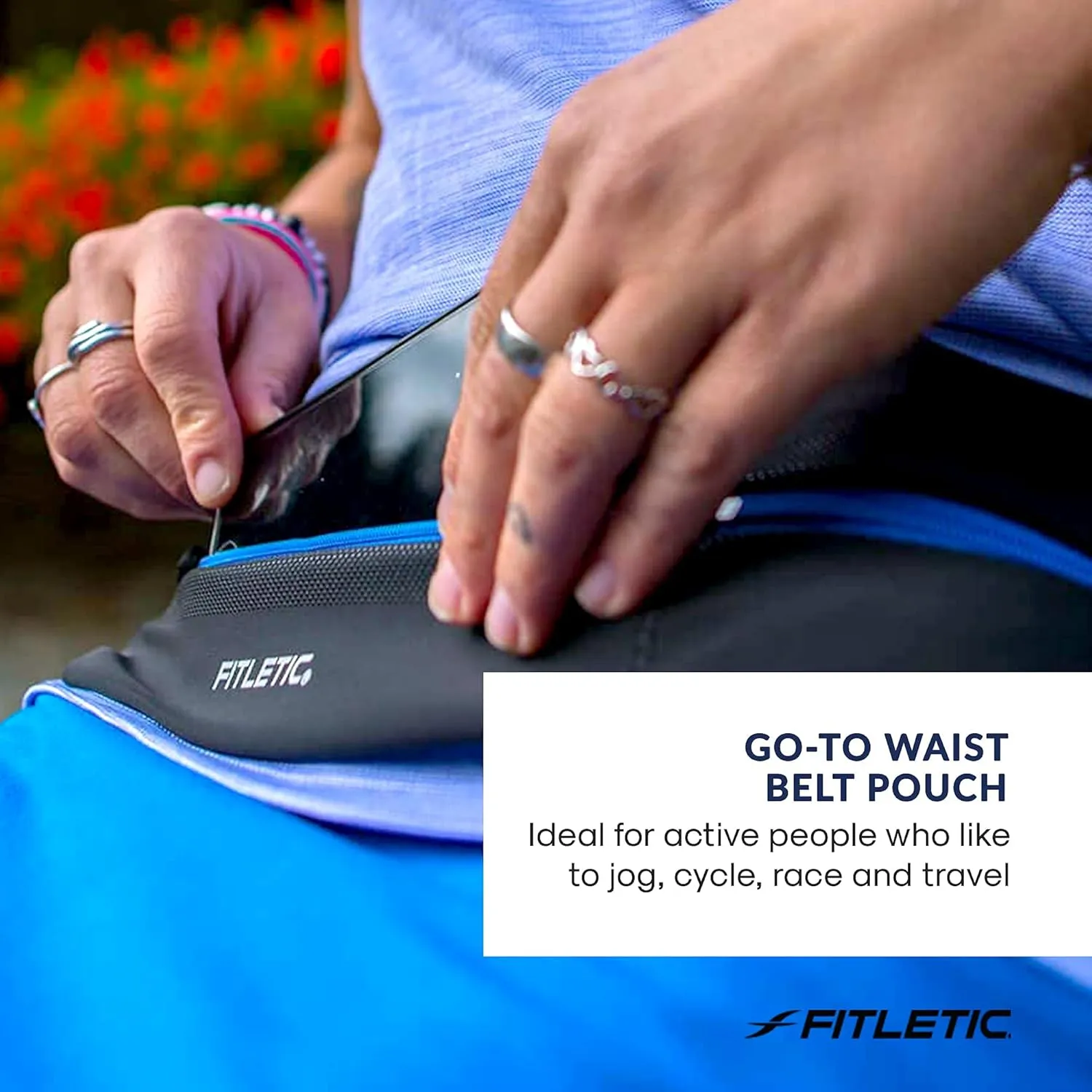 Fitletic Bolt Double Pocket Running Belt & Active Fanny Pack For Men & Women – Water Resistant, Lightweight Sleek Design – Patented No Bounce Hip Hugging Fit – Holds Any Phone